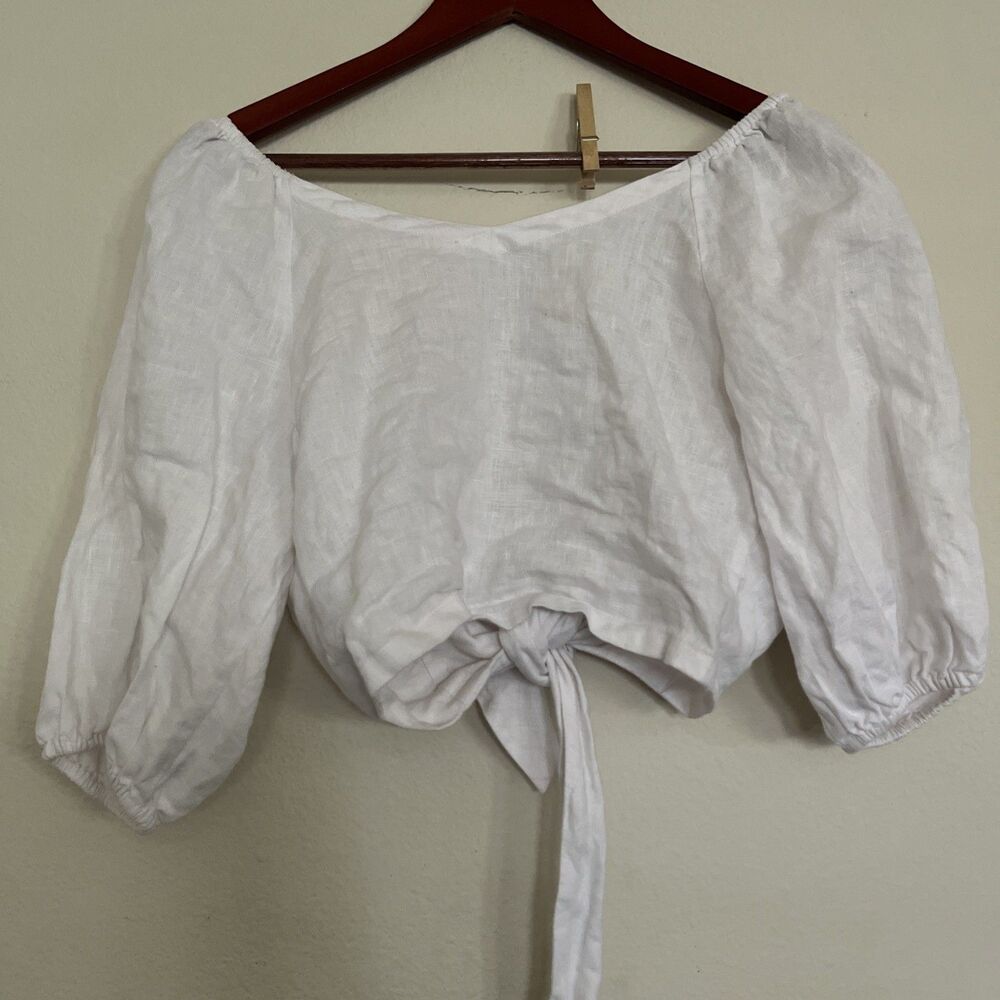 Posse Mia Linen Top SZ XXS White Women's Casual Front Ties Boho Crop Blouse Top - Picture 7 of 9
